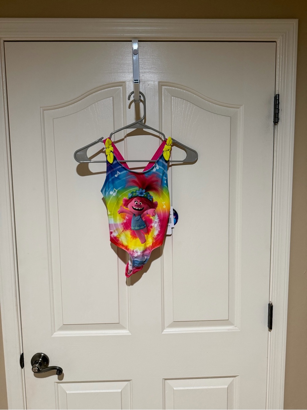 Trolls Rainbow One-Piece Swimsuit with Yellow Bow Straps
